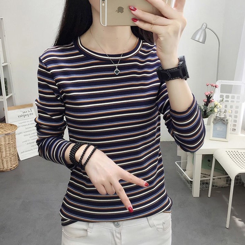 Áo thun tay dài cổ tròn họa tiết kẻ sọc thời trang cho nữ