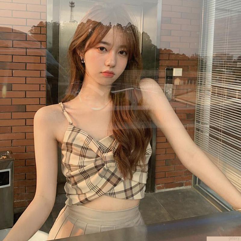 Áo croptop sát nách kẻ sọc caro đính nơ thời trang Hàn Quốc tùy chọn màu sắc dành cho nữ