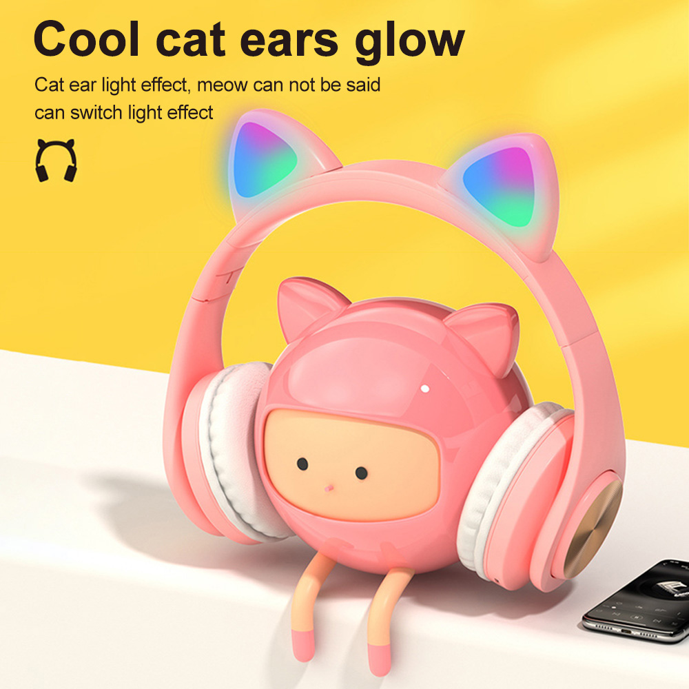 Tai nghe chụp tai không dây bluetooth hình tai mèo có đèn LED và micro cao cấp đáng yêu