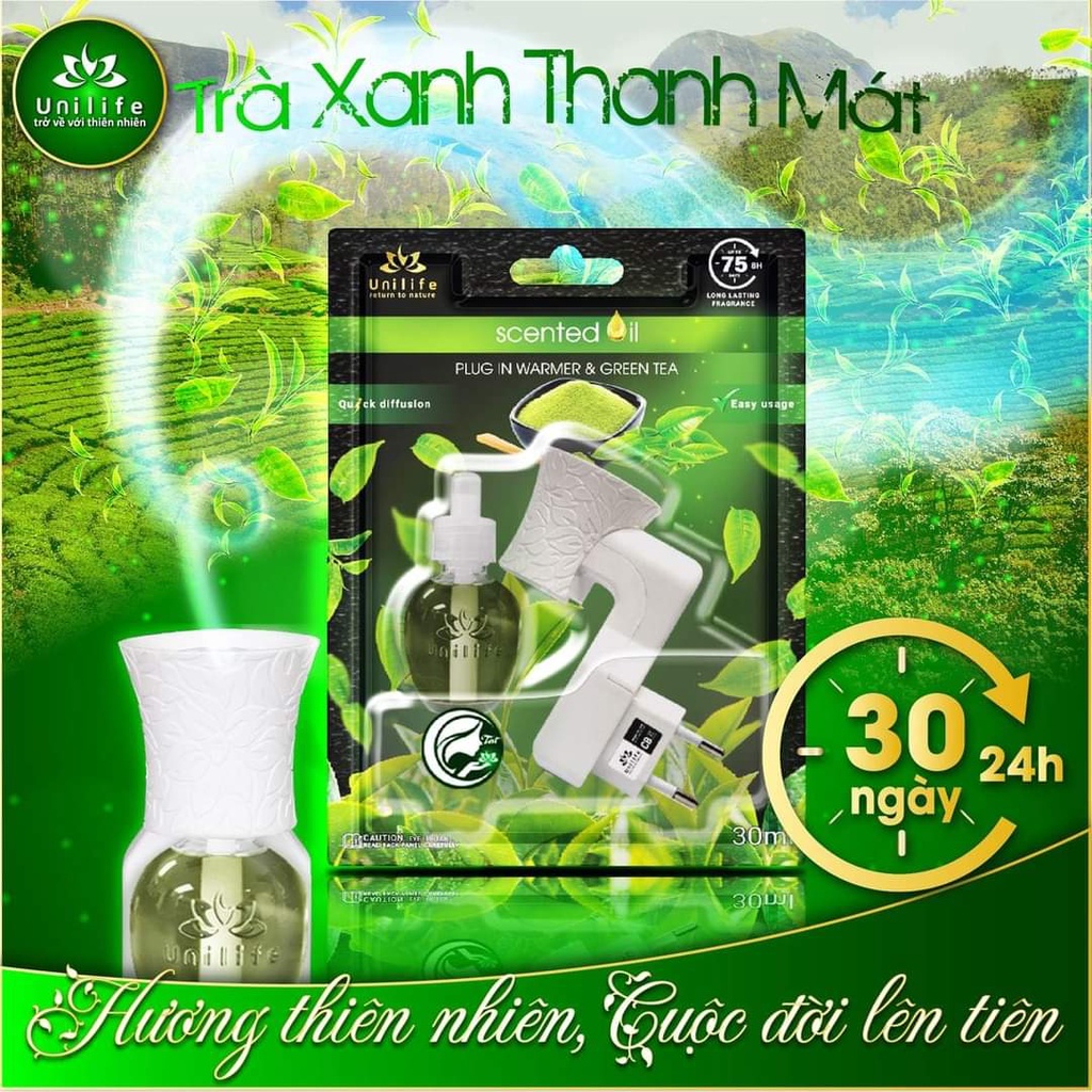 Máy khuếch tán tinh dầu Unilife , tinh dầu thiên nhiên hương Trà Xanh, thông minh, công nghệ mới, chai 30ml