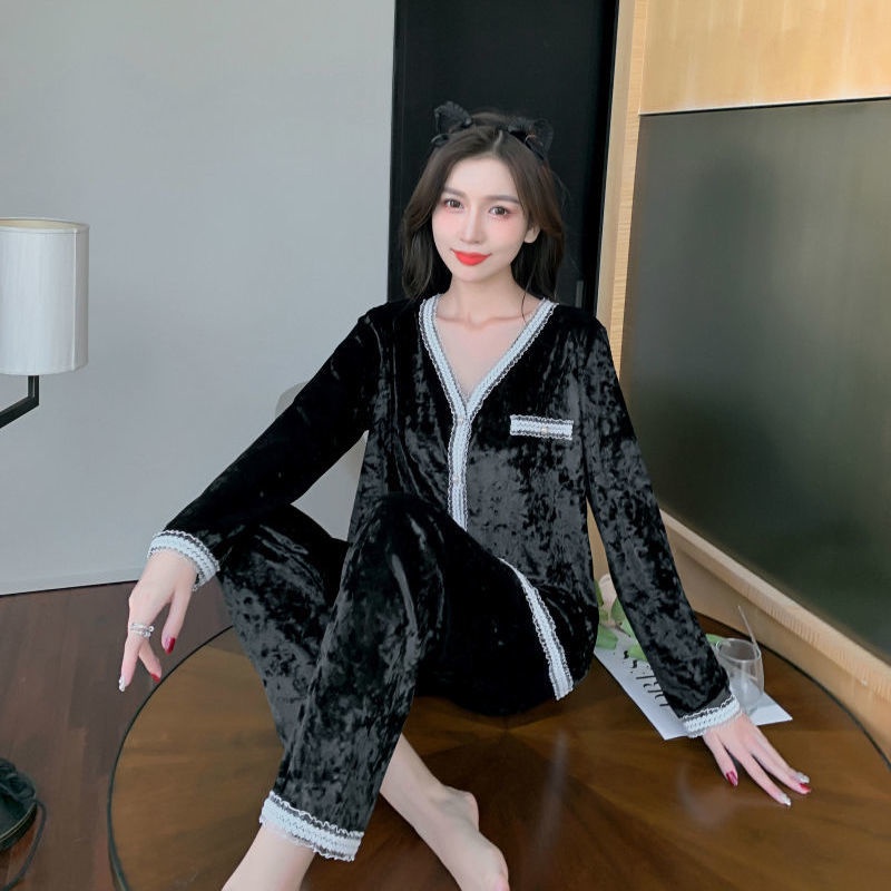 Bộ đồ ngủ tay dài cổ chữ V chất nhung thời trang thu đông mới