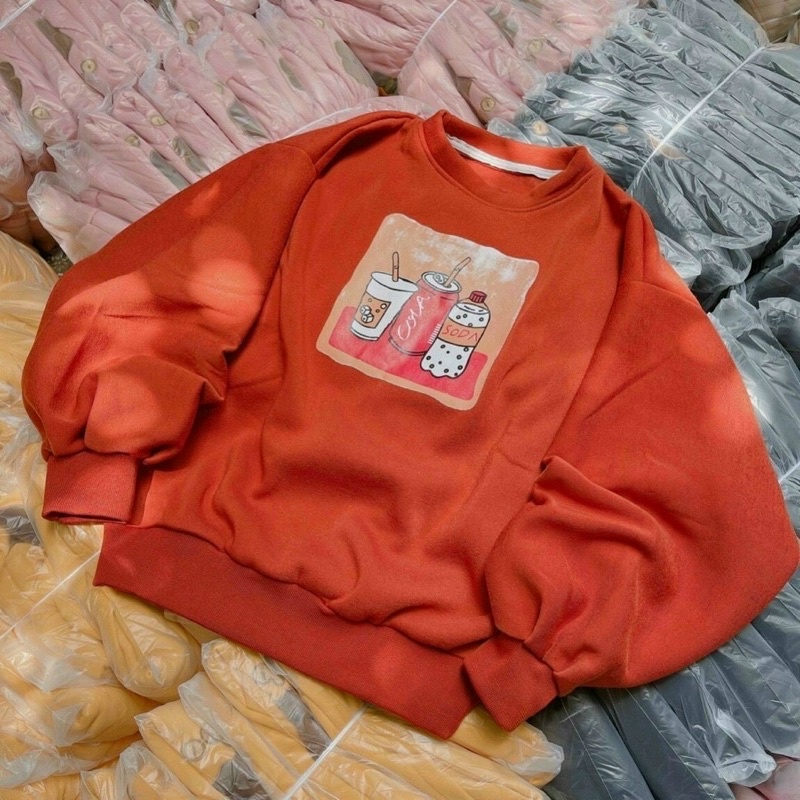Áo sweater nỉ ngoại Coca tay phồng forn rộng
