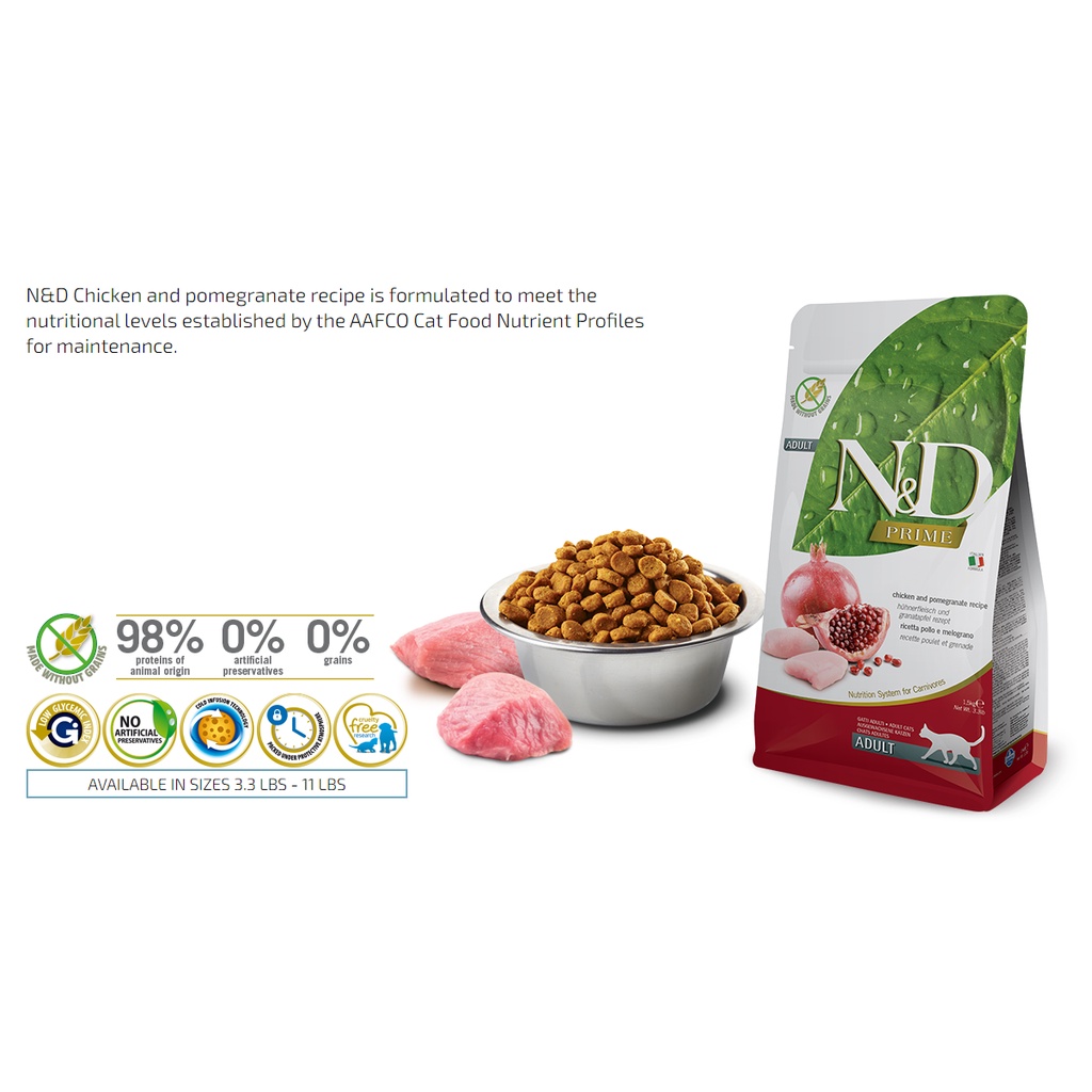 Túi 1.2Kg Hạt N&D Prime cho mèo trưởng Thành vị gà & lựu