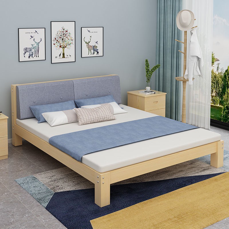 Toàn bộ giường gỗ nguyên khối 1,8m đôi chính phòng ngủ người lớn gói mềm 1,5m đơn giản hiện đại 1m