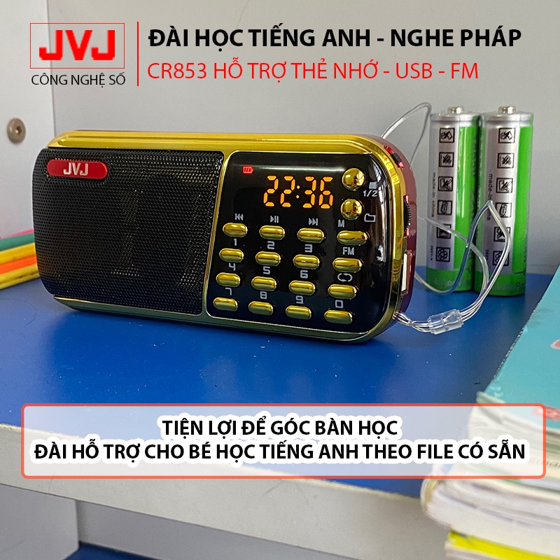 Loa đài JVJ J-853 3 pin siêu khỏe,đài FM,hỗ trợ thẻ nhớ, USB, học tiếng anh,nghe pháp