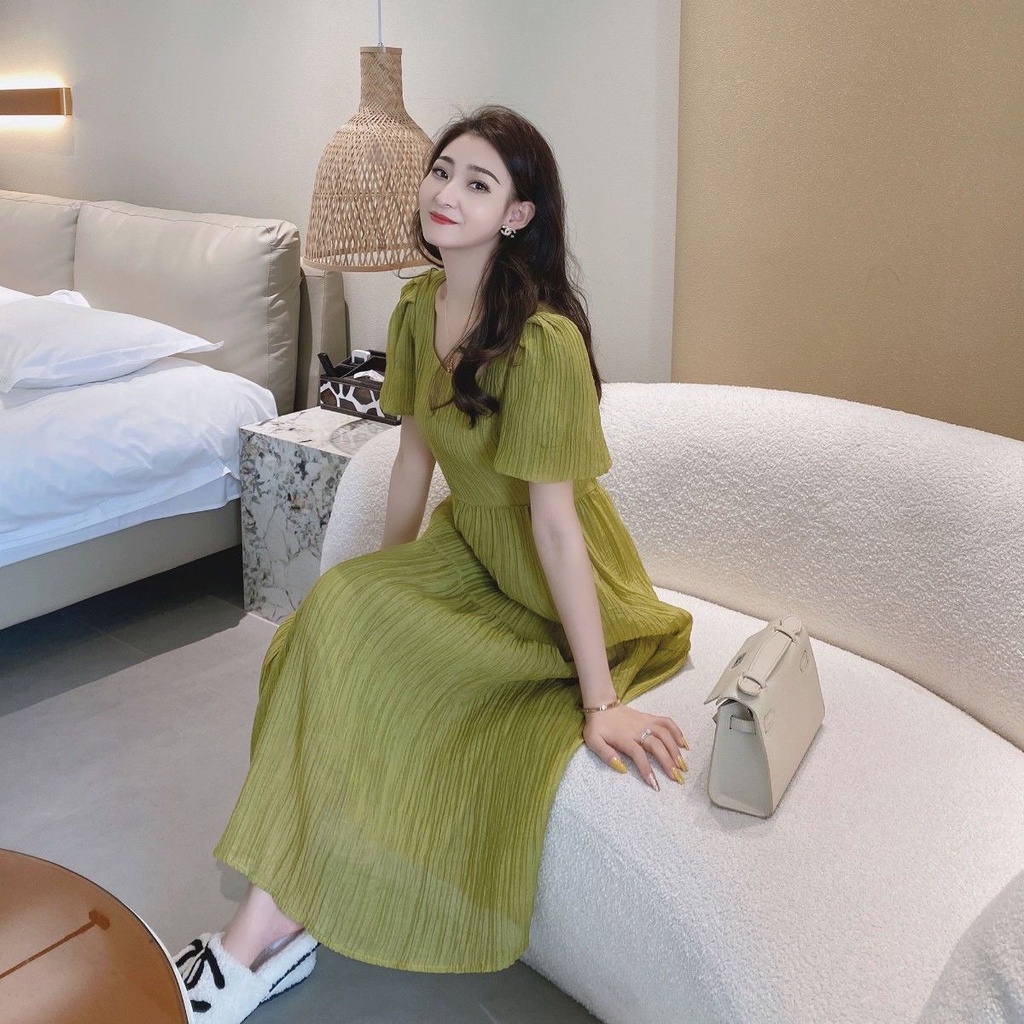 Đầm Tay Phồng Cổ Vuông Màu Xanh Lá Phong Cách Pháp Thời Trang Mùa Hè Hàng Mới 2022