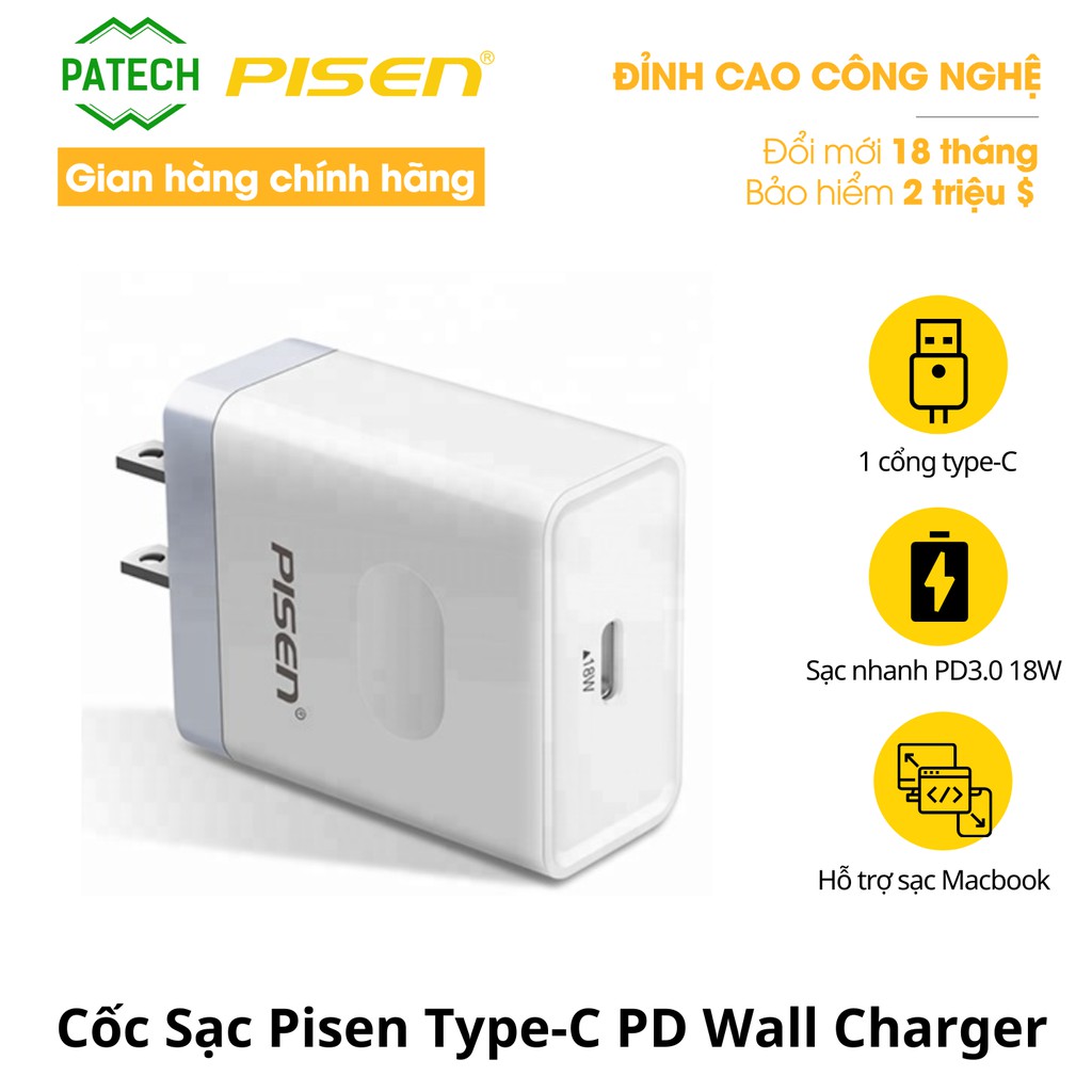 Cốc Sạc Pisen Type-C PD Wall Charger (1 cổng Type-C PD3.0 18W) - Hàng chính hãng