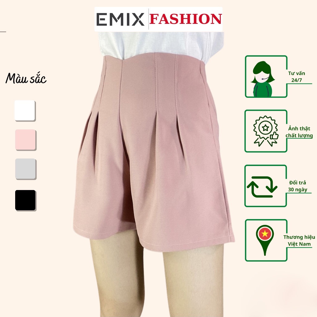Quần short nữ 2 ly EMIX (màu hồng), dáng ngắn, cạp cao, khóa sau, ống rộng, xếp ly, vải tuyết mưa, mềm mịn, không nhàu