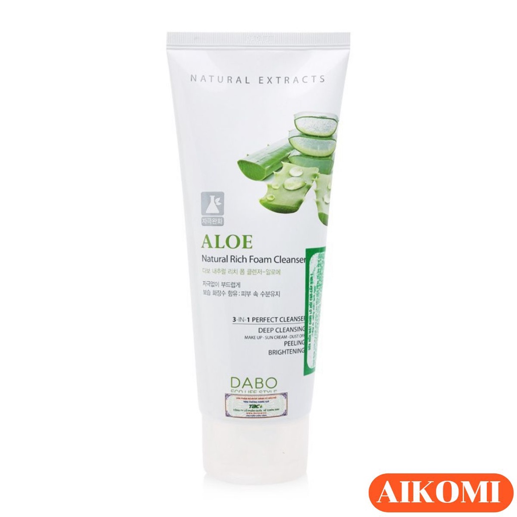 Sữa Rửa Mặt Dabo Lô Hội 3-in-1 Aloe Natural Rich Foam Cleanser 180ml sạch da, dưỡng ẩm, làm trắng, sạch mụn