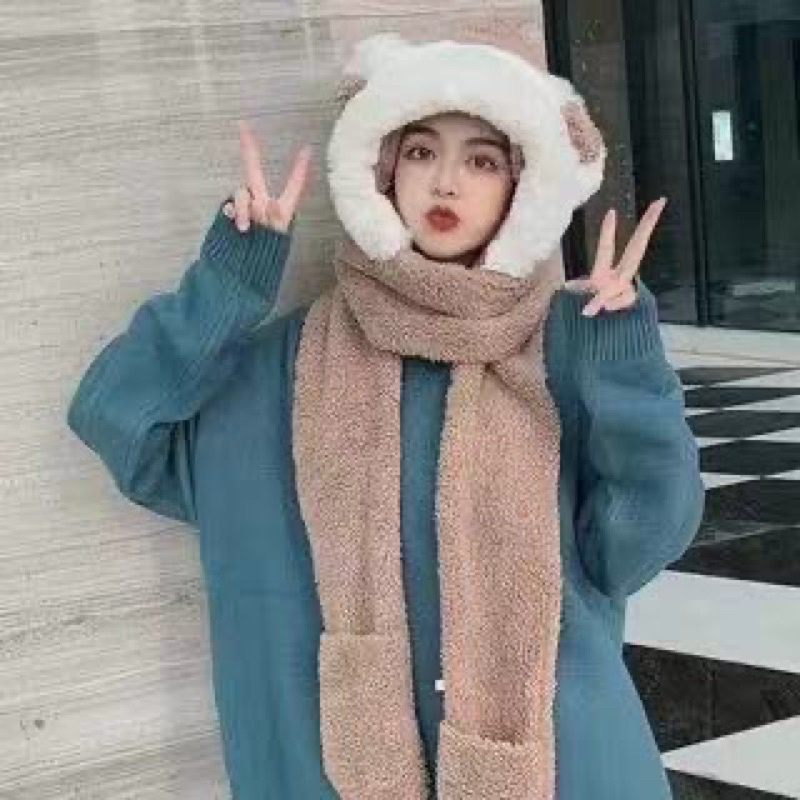 MŨ LÔNG LIỀN KHĂN TAI GẦU CHÙM ĐẦU SIÊU ẤM CHO MÙA ĐÔNG( hàng loại 1)