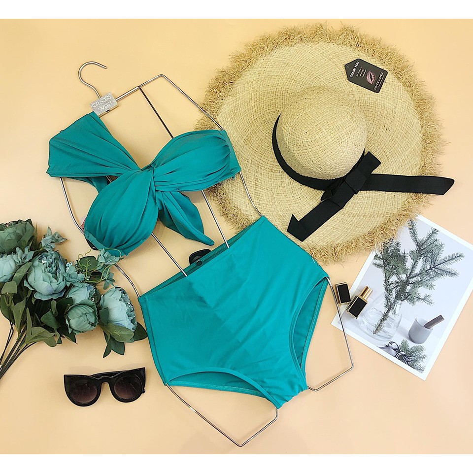 Bộ bơi bikini 2 mảnh lệch vai thắt nơ cạp cao giấu bụng tôn dáng | BigBuy360 - bigbuy360.vn