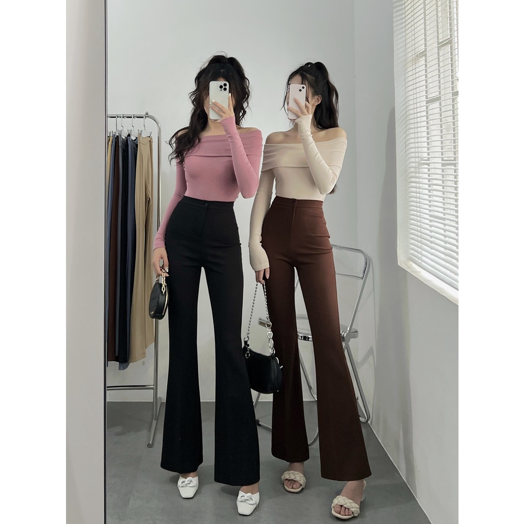 Áo croptop nữ tay dài HHVINTAGE kiểu bẹt vai gấp thun co giãn Top A36
