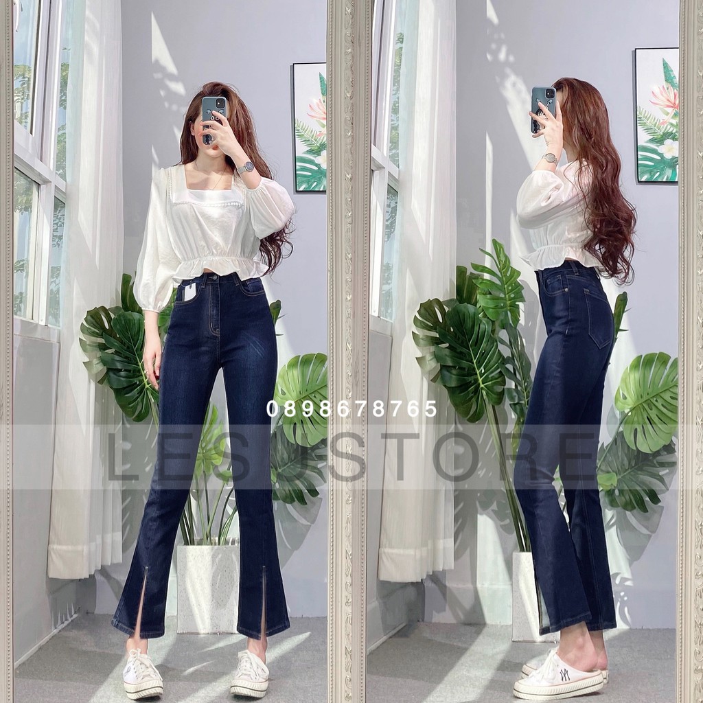 ẢNH TỰ CHỤP Quần jeans Loe xẻ ống lệch lưng cao