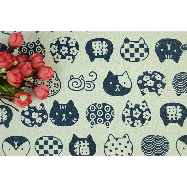 Vải linen họa tiết Mèo kitty xanh nền trắng V-K06