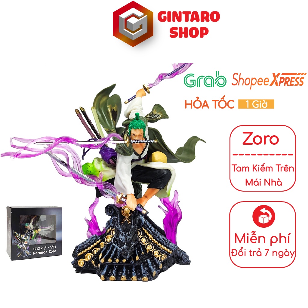 Mô hình One Piece Zoro Tam Kiếm Haki đứng trên mái nhà, Mô hình Zoro mái nhà cao 20Cm GINTARO SHOP