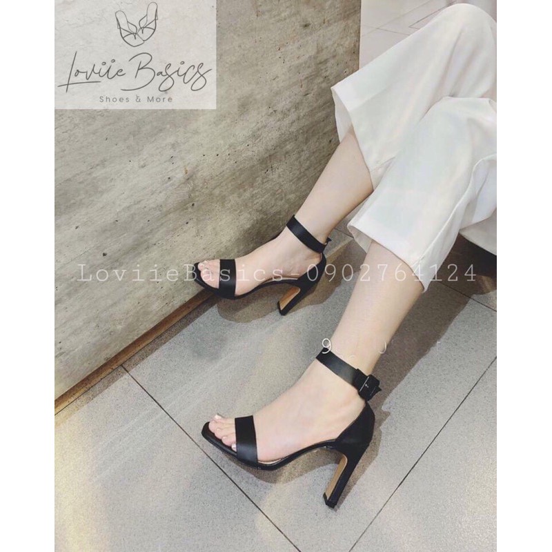 LOVIIE BASICS - GIÀY SANDAL NỮ CAO GÓT THỜI TRANG QUAI NGANG GÓT DẸP HẬU DÁN KHOÁ BỌC 9 PHÂN 2 MÀU ĐEN- KEM G200321