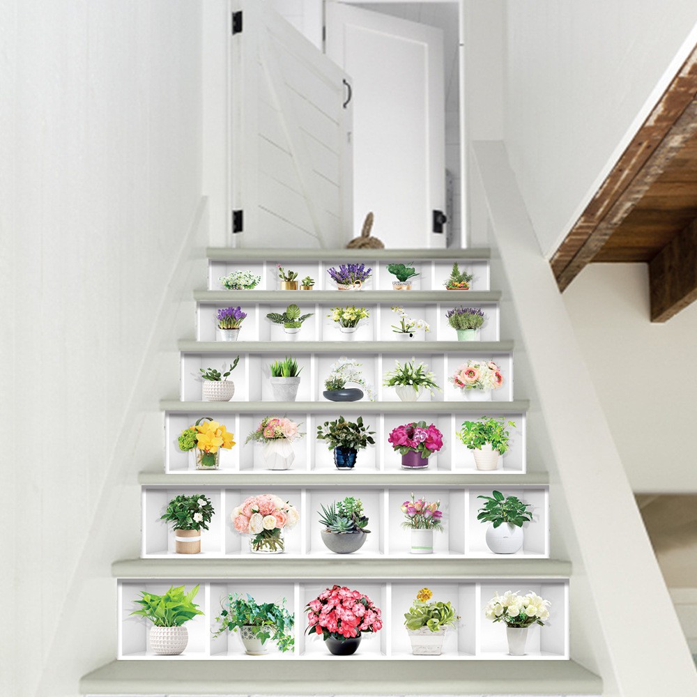 Tranh 3D Dán Cầu Thang Hình Chậu Hoa DLT009