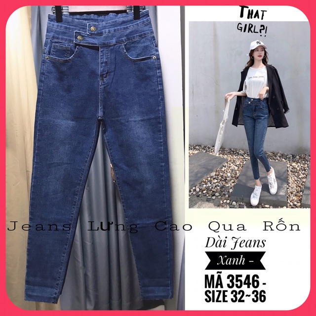 [Size 32-36] Quần Bò Cạp Cao 2 Nút / Quần Jeans Lưng Siêu Cao Trên Rốn Xanh Đậm