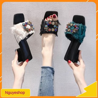 Guốc 5p quai ngang bản to lông vũ đính đá big size 35-43