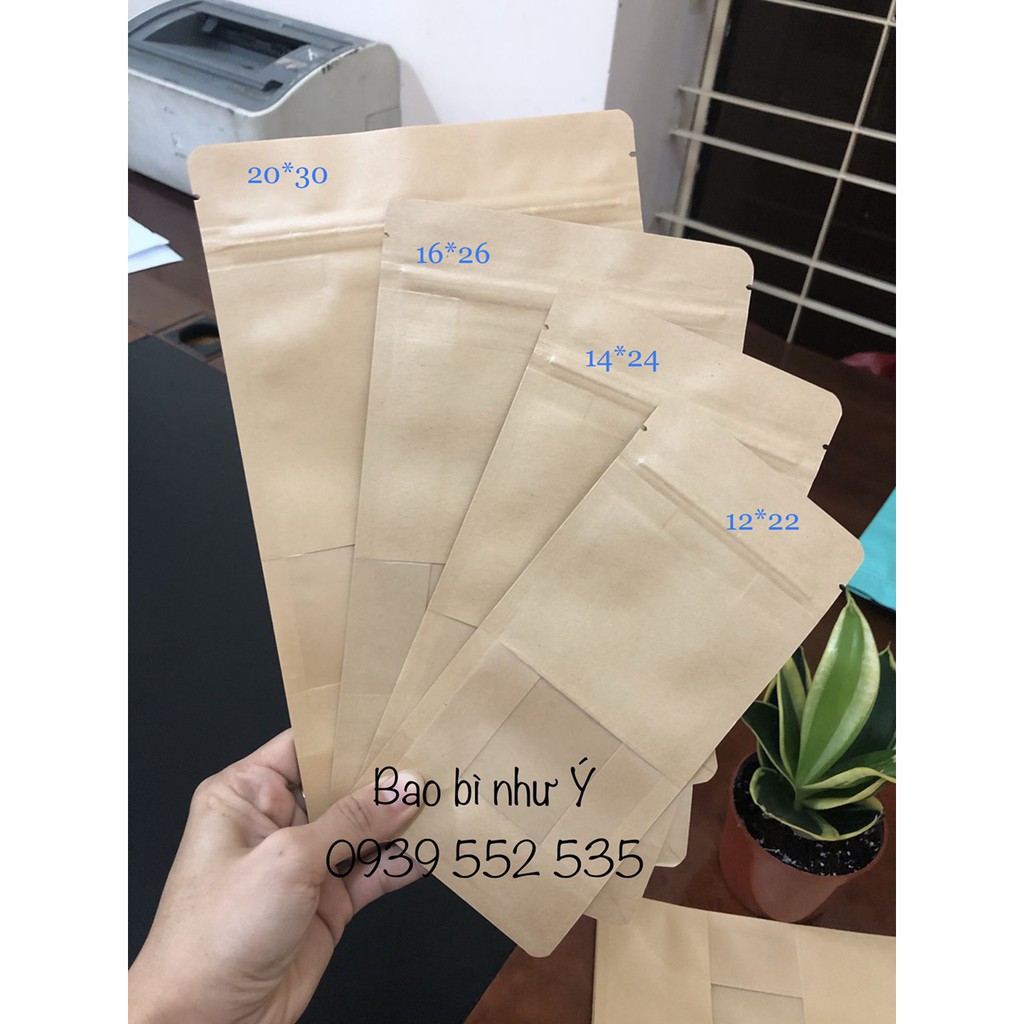 {1kg/1size} - Túi Zipper giấy kraft 8 cạnh đáy vuông có cửa sổ (giấy nâu- giấy trắng)