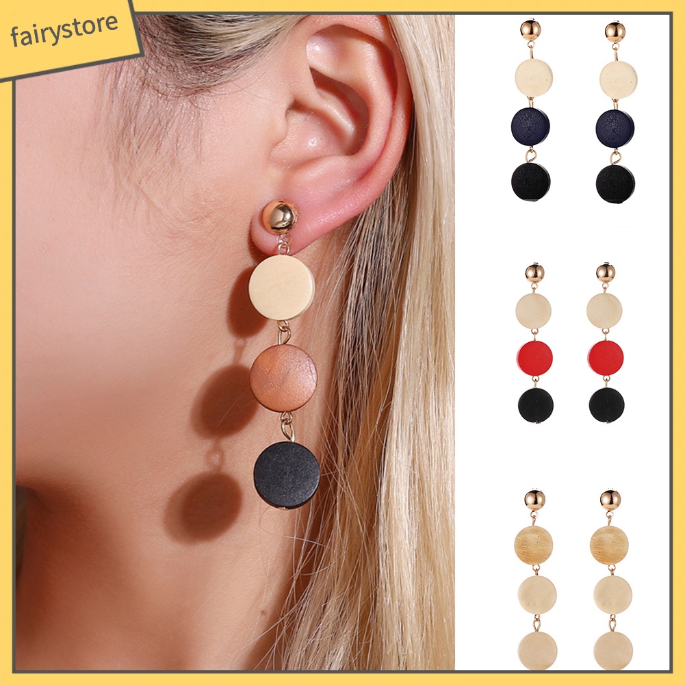 Hoa tai dáng thả mặt hình tròn bằng gỗ cho nữ