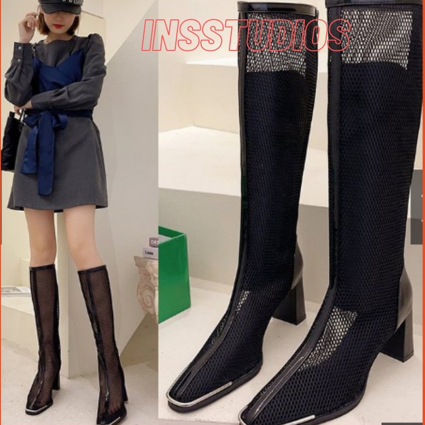 Bốt đùi lưới thời trang cao cấp, Bốt nữ boots nữ lưới khóa kéo mũi bạc công sở thời trang Hàn Quốc cao gót giá rẻ 7 phân