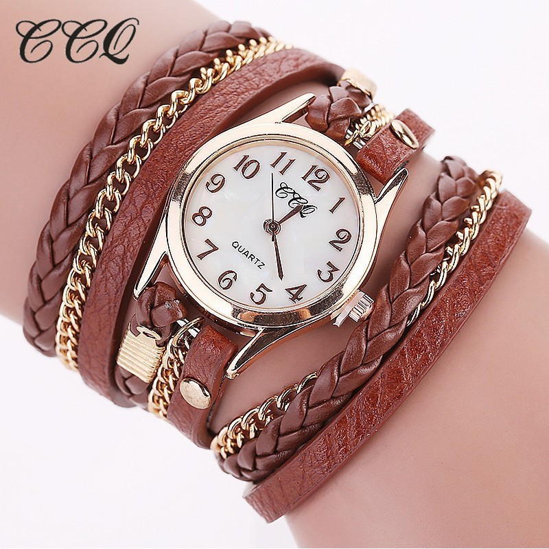 Đồng hồ đeo tay bộ máy thạch anh mặt tròn dây đeo da bện 1071