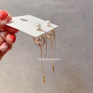 Bông tai dáng dài sợi mảnh 2 hạt châu phong cách vintage hot trend / khuyên tai nữ