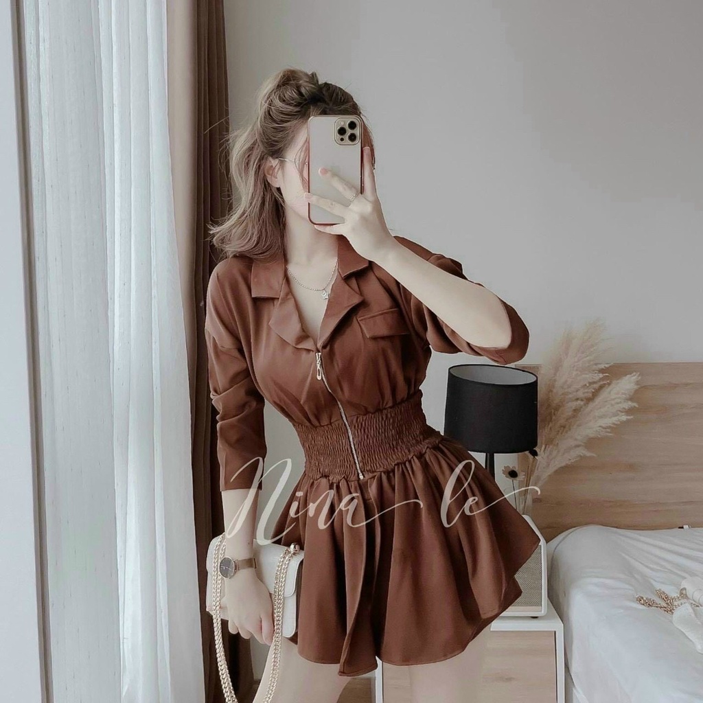 [8.8 Sales Freeship] Set váy nữ tiểu thư, set áo tay dài cổ bẻ khoá kéo nhún eo from xoè kèm quần short đùi dễ thương dx