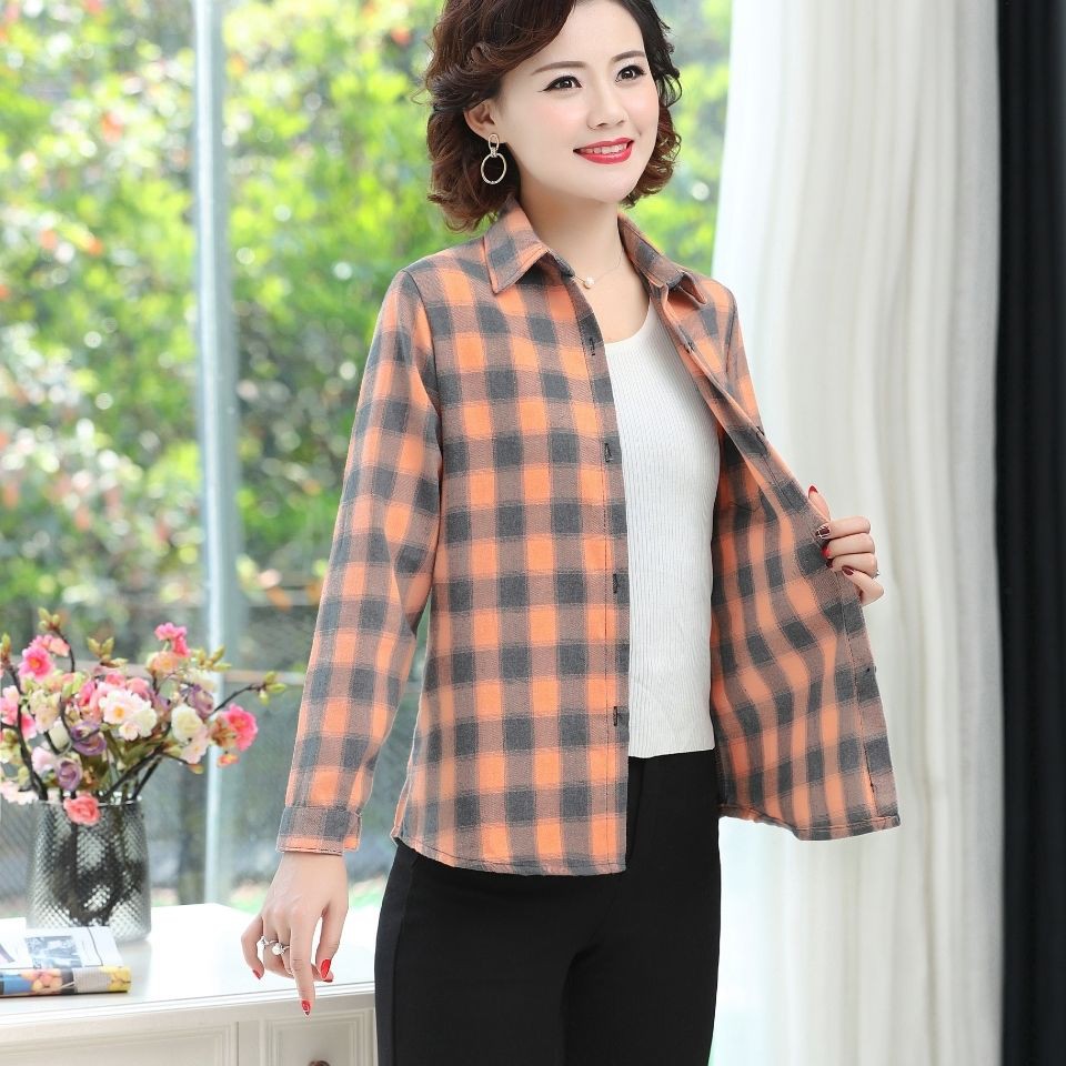 Spring and summer new products cotton sanding plaid shirt middle-aged women's long-sleeved Korean version of loose loose all-match casual women's blouse mother dress