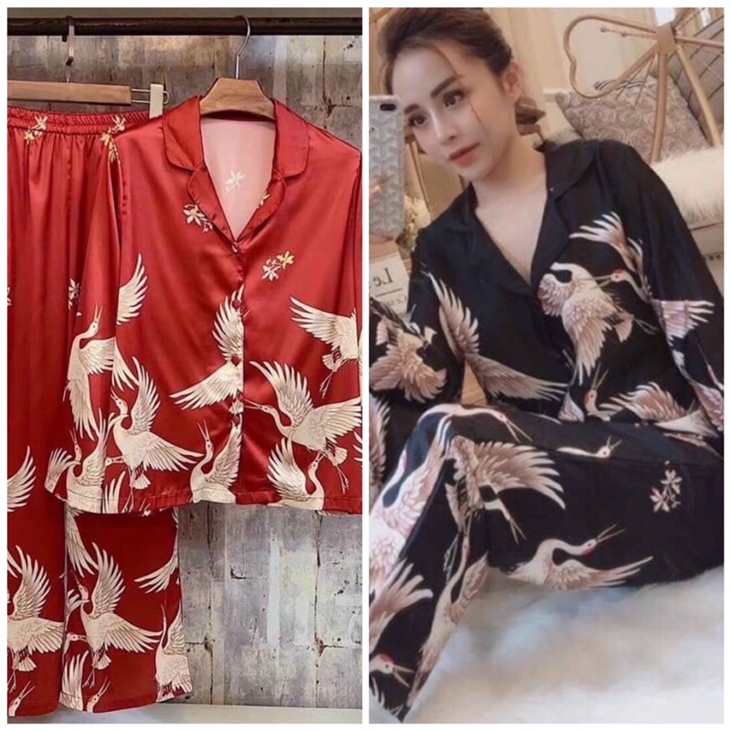 Pijama lụa mango chim hạc đen đỏ tay dài quần dài - Bộ lụa mặc nhà chất mát