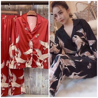 Pijama lụa mango chim hạc đen đỏ tay dài quần dài - Bộ lụa mặc nhà chất mát