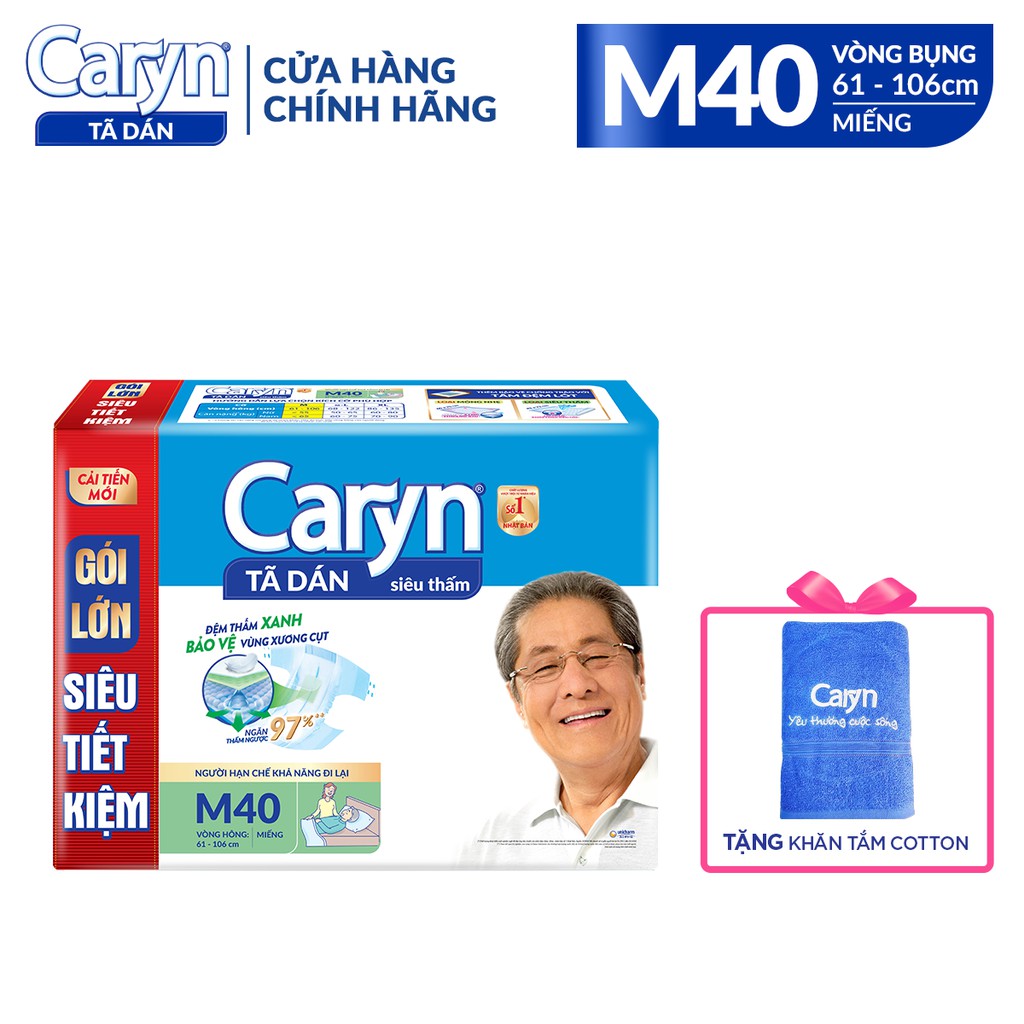 [Tặng Khăn Tắm] Tã Bỉm Dán Người Lớn Caryn Siêu Thấm Gói Lớn Size M - 40 Miếng Dành Cho Người Già Hạn Chế Đi Lại