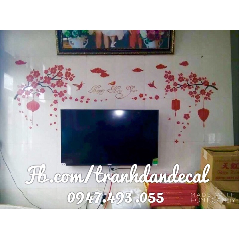 [HÀNG HOT] Decal dán tường hoa đào trang trí tết mã 08 - Tranh dán tết hoa đào đỏ có keo sẵn