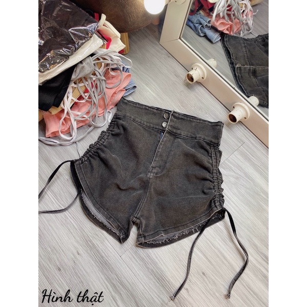 Quần đùi nữ kaki lưng cao BASIC dây rút hai bên chất jean dày mịn hàng chuẩn shop