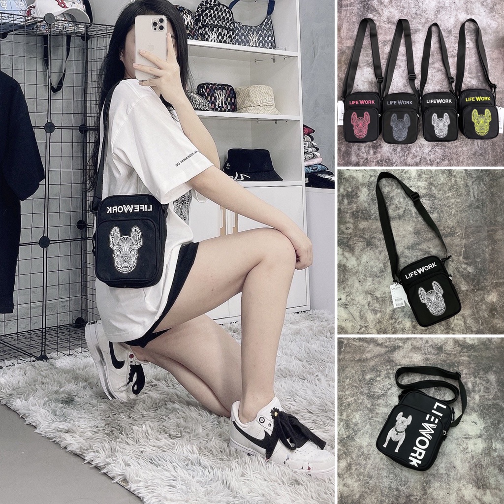 Túi đeo chéo minibag LIFEWWORK đen hoạ tiết bull DƯ XỊN FULL TEM TAG