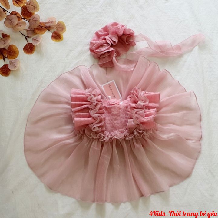 Body váy cánh tiên phối tay bèo tơ hồng ♥️♥️ kèm mũ siêu dễ thương♥️♥️ quà tặng cho các công chúa nhỏ