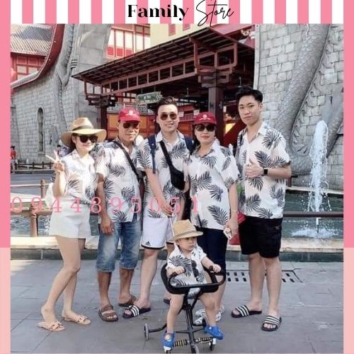 Áo sơ mi gia đình, áo nhóm đi biển họa tiết lá cọ, size 8-100 kg.Family store