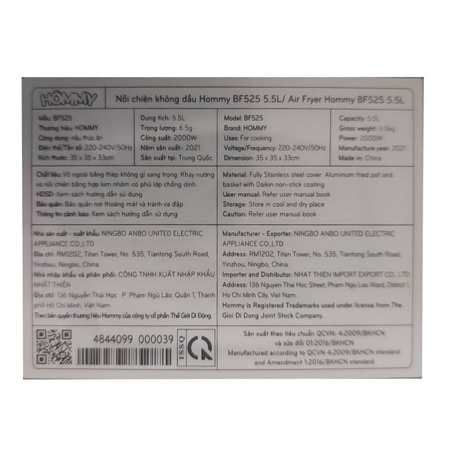 [Mã ELHADEV giảm 4% đơn 300K] Nồi chiên không dầu Hommy BF525 5.5 lít Công suất 2000W BH 12 tháng, Chính hãng