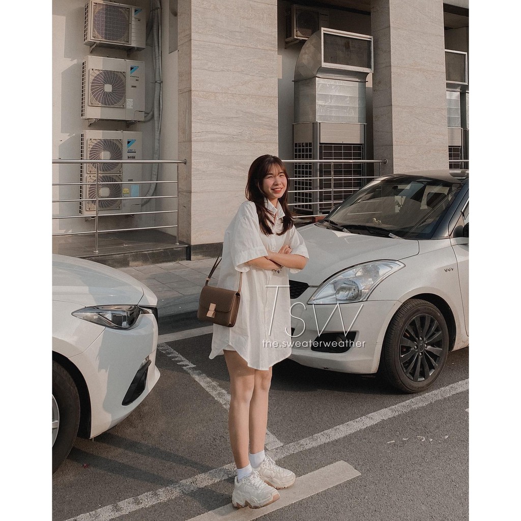 Váy sơ mi thô tay gập form rộng oversize shirt dress (Ảnh thật)