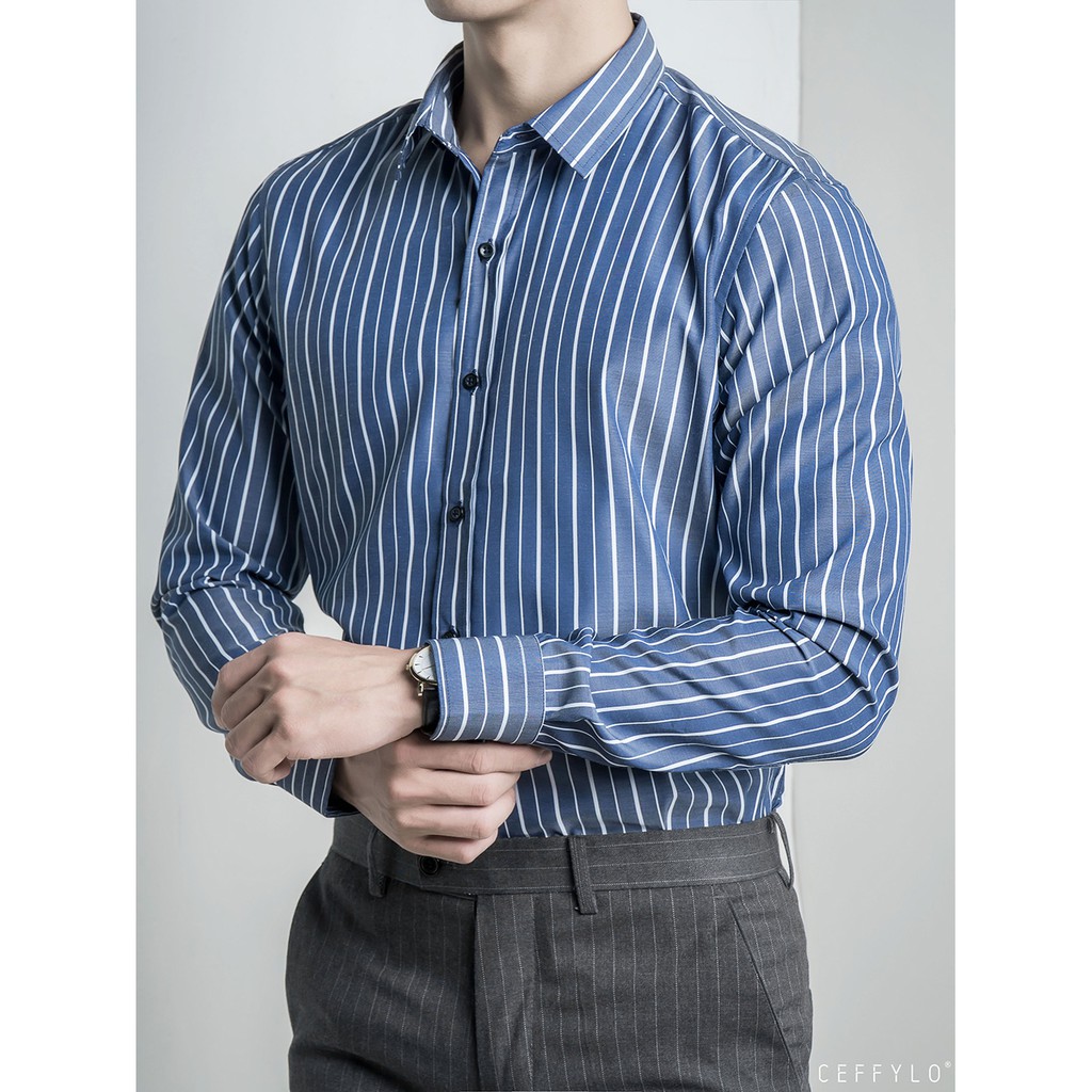 Áo Sơmi kẻ sọc CEFFYLO 1 màu xanh navy vải Cotton họa tiết sọc lịch lãm Co giãn nhẹ - POLIDO | BigBuy360 - bigbuy360.vn