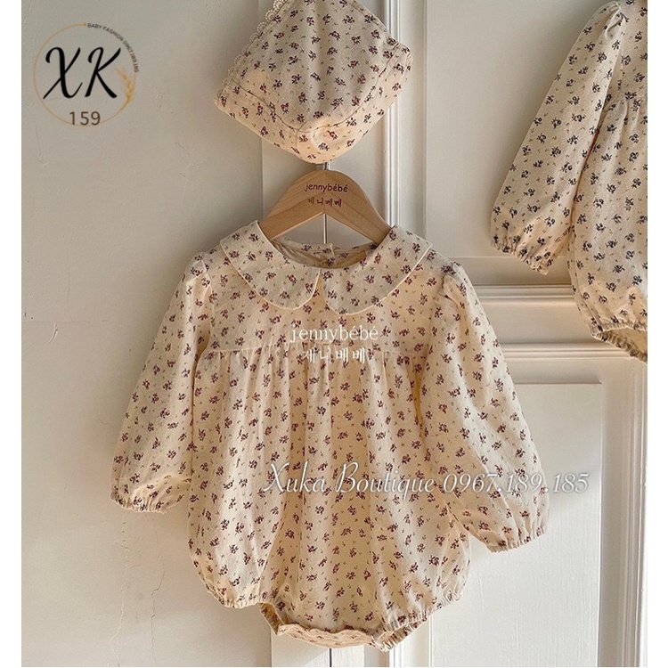 Bodysuit Dài Tay Cổ Sen Kèm Mũ Hoa Nhí [Jennybebe] Bodysuit Hoa Nhí Cho Bé [Ảnh Thật]
