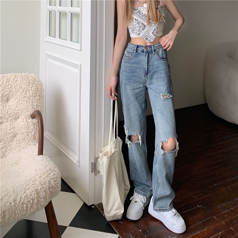 Jiashucheng Quần Jean Nữ Lưng Cao Dáng Rộng Rách Gối Cá Tính
