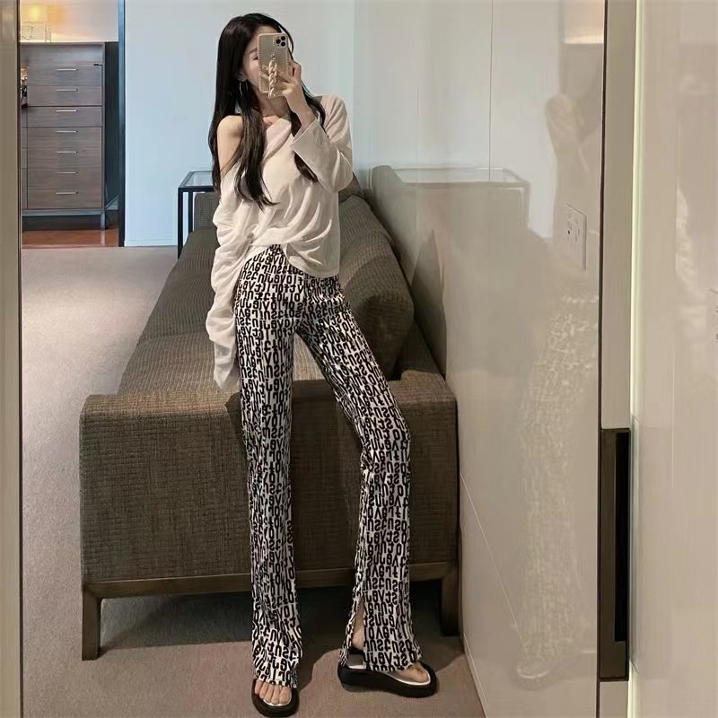Jiashucheng Quần Ống Loe Xẻ Tà Nhẹ Nhàng Lưng Cao In Chữ Phong Cách Cổ Điển Kiểu Mới Cho Nữ