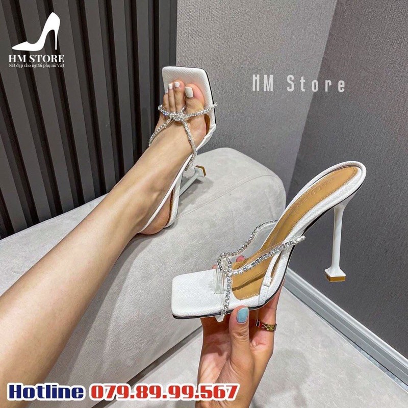 Giày sandal cao gót nữ quai chéo đính đá phối quai kẹp trong suốt 7 phân