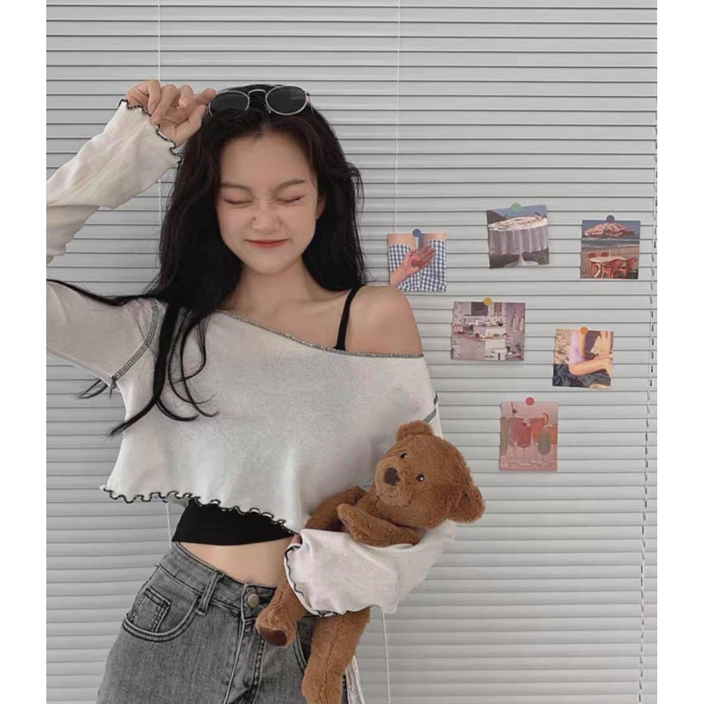 Set Áo Dài Tay Kèm Áo Croptop 2 Dây 🦋 Áo Thun Giấy Viền Bèo Kèm Áo Ngắn 🦋