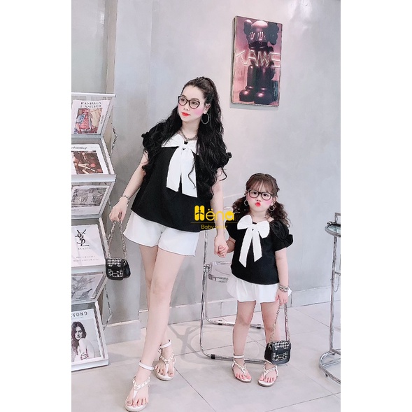 Set đồ đôi Mẹ và Bé màu Đen Trắng _ Đồ Bộ mẹ và bé gái lụa cao cấp 2022, Quần áo cặp mẹ và bé gái - Henashop