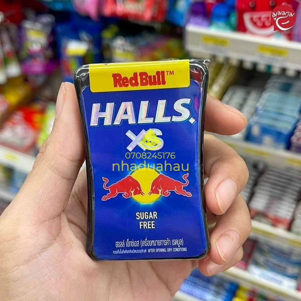 Một hộp kẹo viên ngậm không đường Hall vị Redbull tăng lực Thái Lan hộp 13.8g