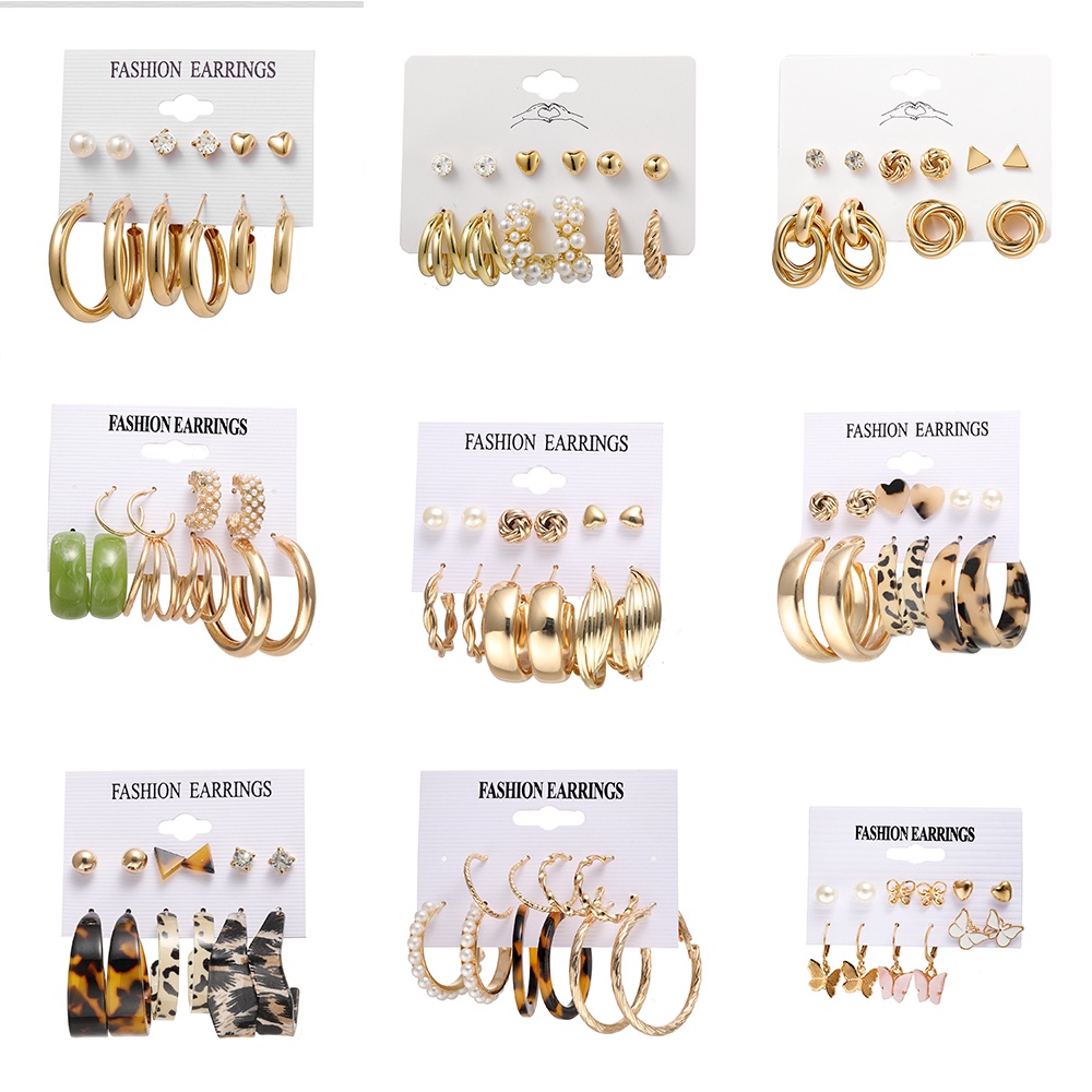 iF YOU Set 9 đôi khuyên tai vòng vàng ngọc trai thời trang bohemian