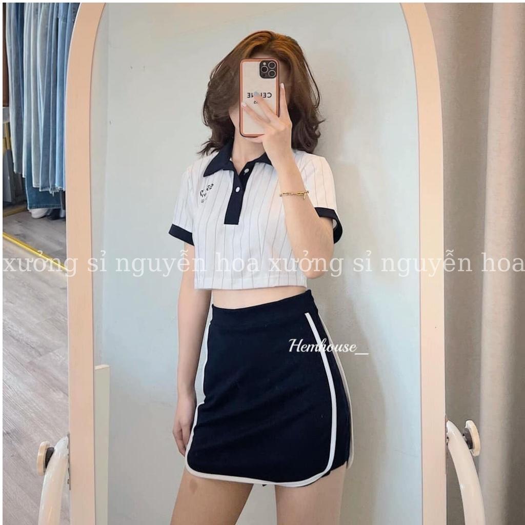 set bộ áo thun croptop polo kẻ sọc kèm quần giả chân váy phong cách thể thao cá tính xưởng sỉ nguyễn hoa